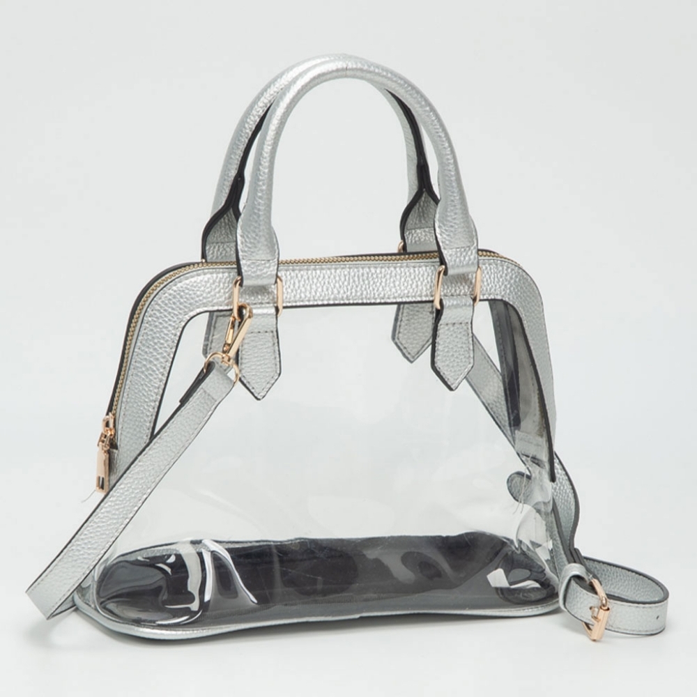 Silver Structured Transparent Clear Handbag Crossbody Bag Purse Leather
